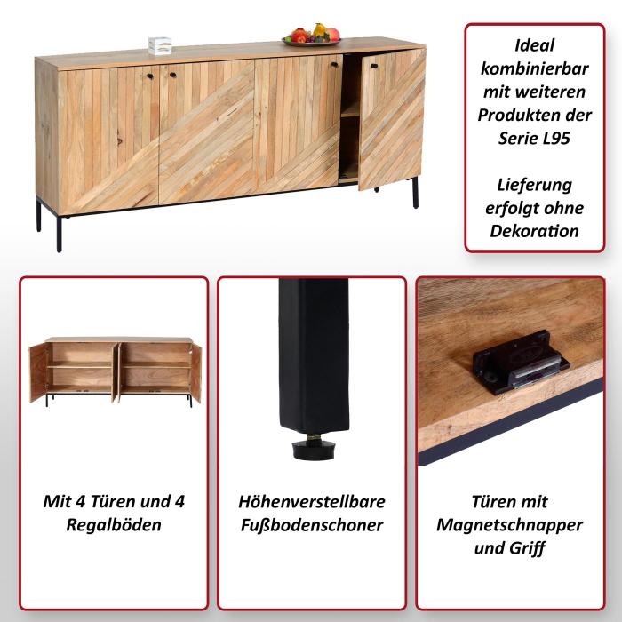 Sideboard HWC-L95, Kommode Schrank Anrichte, Massiv-Holz Mango 79x176x42cm, natur