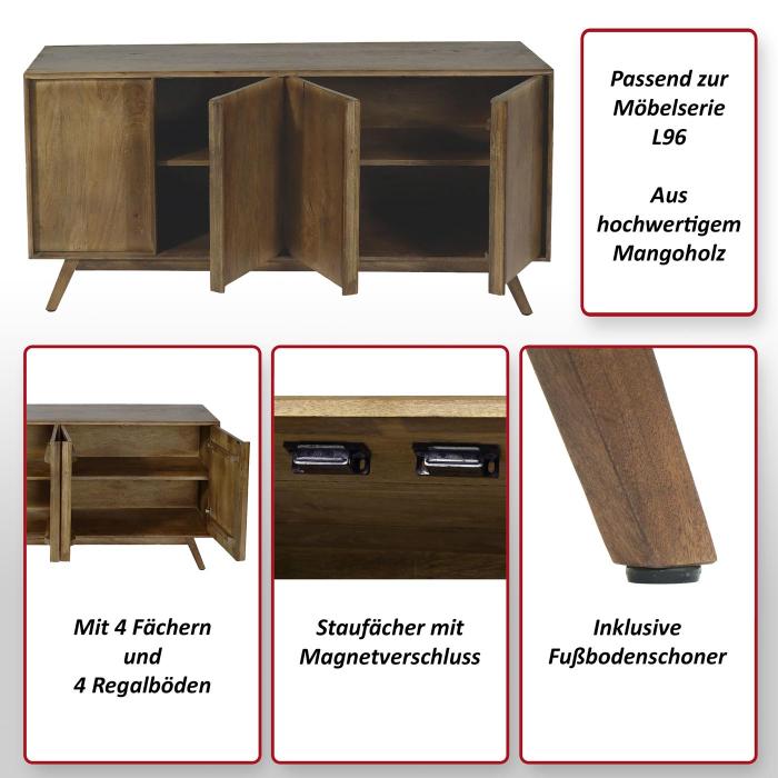 Sideboard HWC-L96, Kommode Schrank Anrichte, 4 Fcher und 4 Regalbden, Massiv-Holz Mango 72x146x43cm