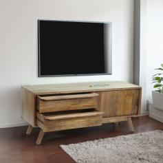 TV-Rack HWC-L96, Fernsehtisch Lowboard Kommode Schrank, Schubladen Massiv-Holz Mango 46x110x35cm