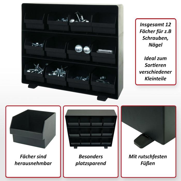 Aufbewahrungsbox HWC-M10, Lagersystem Kleinteileboxen, 12 herausnehmbare Fcher, 30x33x8cm schwarz