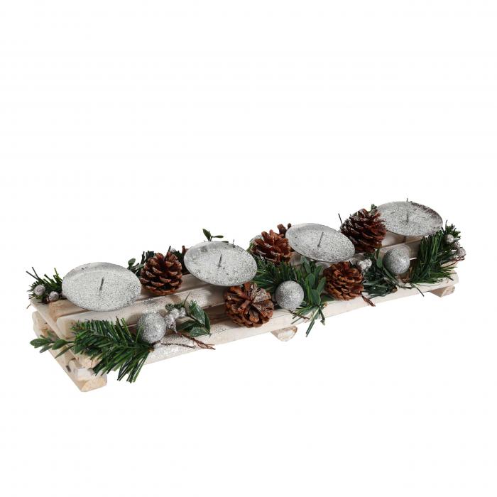 Adventsgesteck HWC-M12 mit Kerzenhaltern, Adventskranz Weihnachtsdeko Holz silber wei 18x49x13cm ~ ohne Kerzen