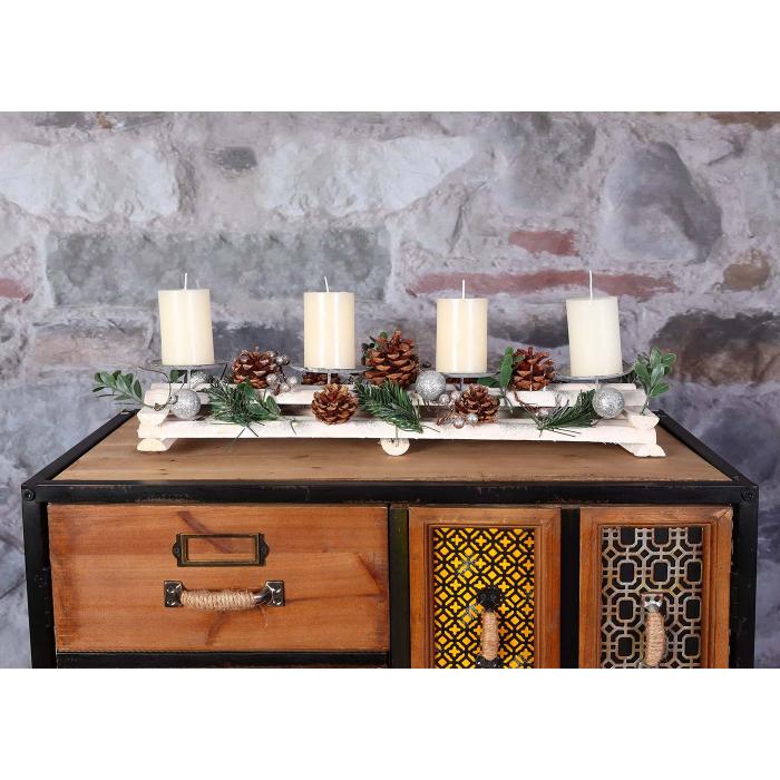 Adventsgesteck HWC-M12 mit Kerzenhaltern, Adventskranz Weihnachtsdeko Holz silber wei 18x49x13cm ~ mit Kerzen