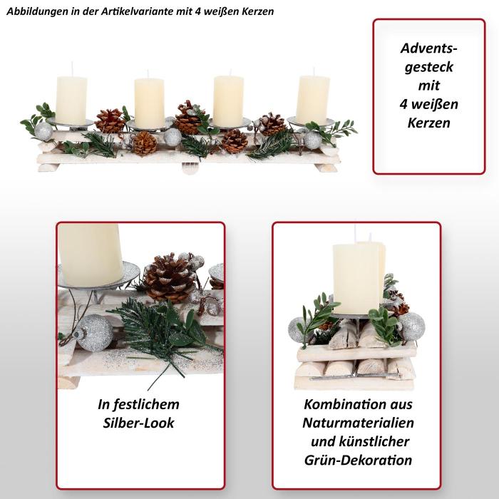 Adventsgesteck mit HWC-M12 Heute-Wohnen Kerzen Kerzenhaltern, ~ von silber Holz 18x49x13cm Weihnachtsdeko Adventskranz weiß ohne