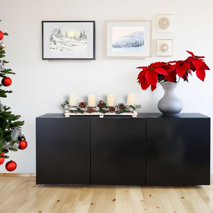 Adventsgesteck HWC-M12 mit Kerzenhaltern, Adventskranz Weihnachtsdeko Holz silber wei 18x49x13cm ~ ohne Kerzen
