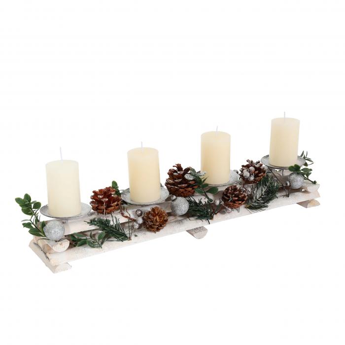 Holz HWC-M12 Weihnachtsdeko Heute-Wohnen silber Adventskranz 18x49x13cm mit mit ~ Kerzen Kerzenhaltern, von weiß Adventsgesteck