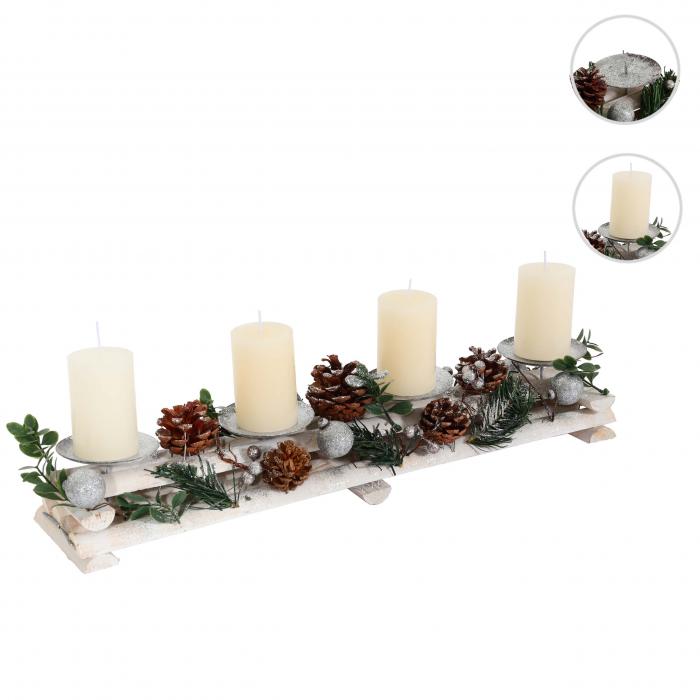 Adventsgesteck HWC-M12 mit Kerzenhaltern, Adventskranz Weihnachtsdeko Holz silber wei 18x49x13cm ~ mit Kerzen