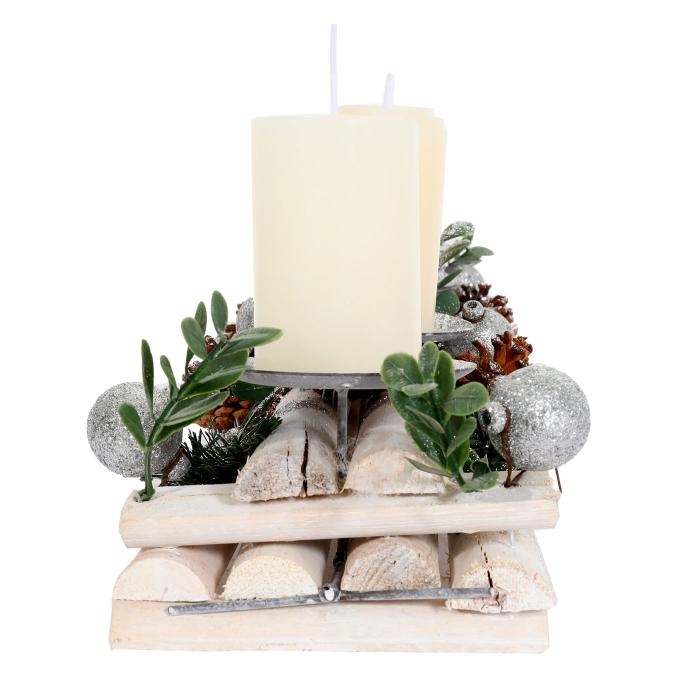 Adventsgesteck HWC-M12 mit Kerzenhaltern, Adventskranz Weihnachtsdeko Holz silber wei 18x49x13cm ~ mit Kerzen