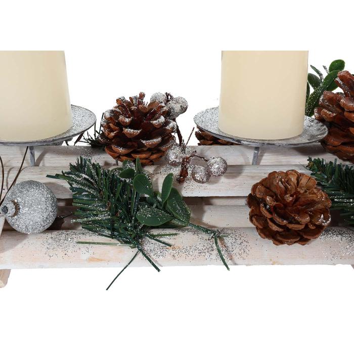 Adventsgesteck HWC-M12 mit Kerzenhaltern, Adventskranz Weihnachtsdeko Holz silber wei 18x49x13cm ~ mit Kerzen