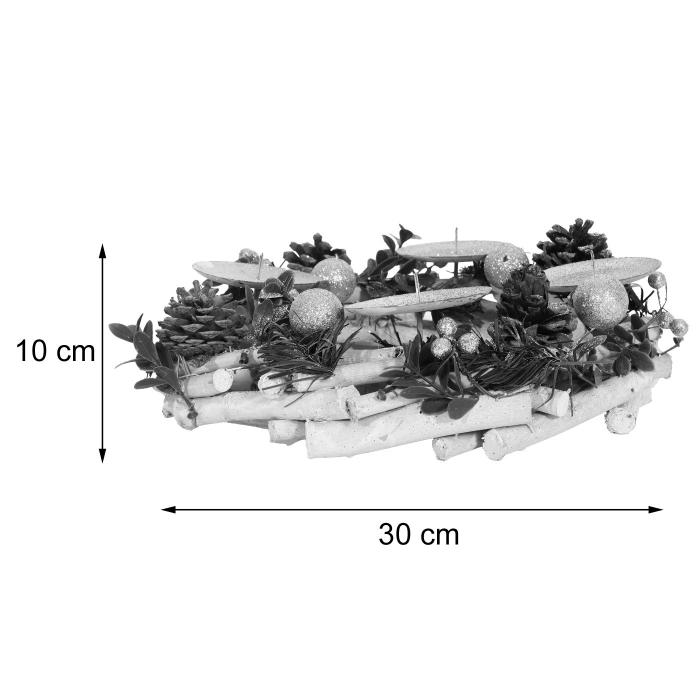 Adventskranz HWC-M12, Adventsgesteck Tischkranz Weihnachtsdeko Tischdeko Holz silber wei  30cm ~ ohne Kerzen