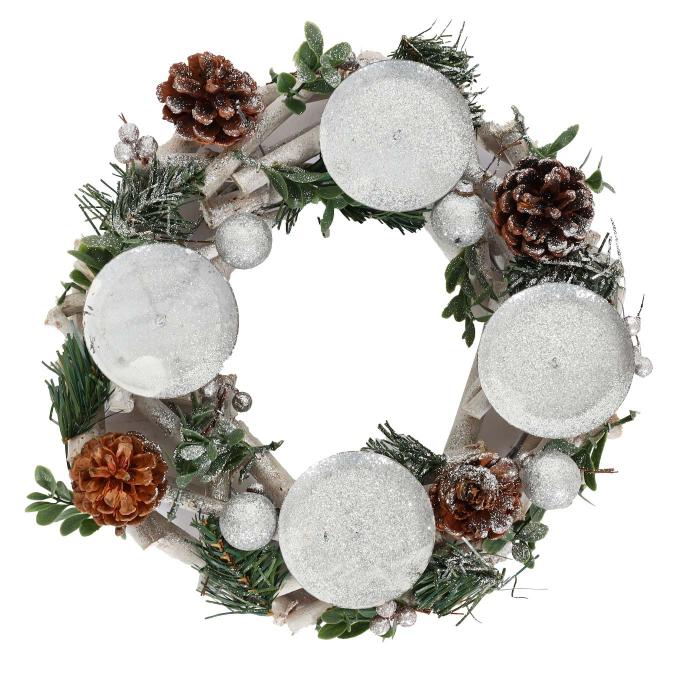 Adventskranz HWC-M12, Adventsgesteck Tischkranz Weihnachtsdeko Tischdeko Holz silber wei  30cm ~ ohne Kerzen