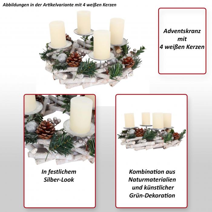 Adventskranz HWC-M12, Adventsgesteck Tischkranz Weihnachtsdeko Tischdeko Holz silber wei  30cm ~ ohne Kerzen