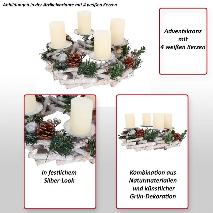 Adventskranz HWC-M12, Adventsgesteck Tischkranz Weihnachtsdeko Tischdeko Holz silber wei  30cm ~ mit Kerzen