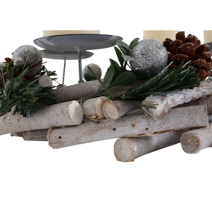 Adventskranz HWC-M12, Adventsgesteck Tischkranz Weihnachtsdeko Tischdeko Holz silber wei  30cm ~ mit Kerzen