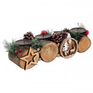 Adventsgesteck HWC-M14 mit Kerzenhalter, Adventskranz Weihnachtsgesteck Holz 12x41x12cm ~ ohne Kerzen