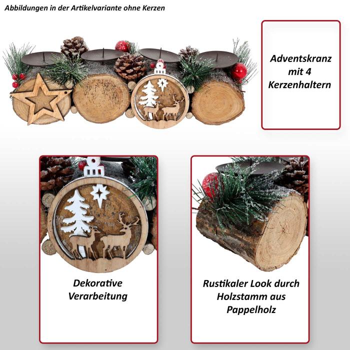 Adventsgesteck HWC-M14 mit Kerzenhalter, Adventskranz Weihnachtsgesteck Holz 12x41x12cm ~ mit Kerzen