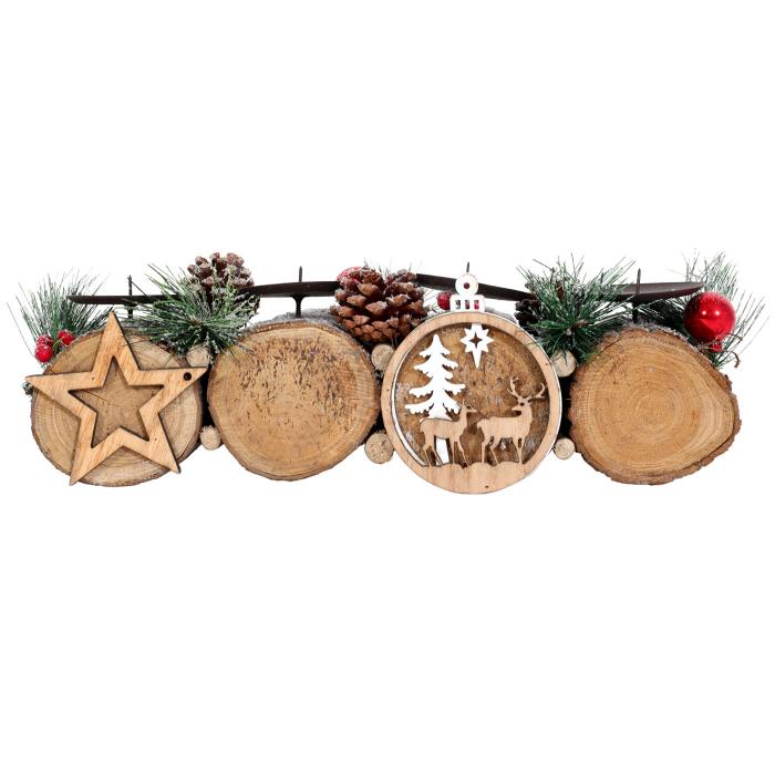 Adventsgesteck HWC-M14 mit Kerzenhalter, Adventskranz Weihnachtsgesteck Holz MVG 12x41x12cm ~ ohne Kerzen