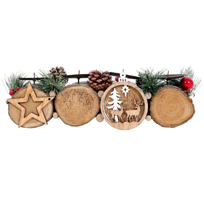 Adventsgesteck HWC-M14 mit Kerzenhalter, Adventskranz Weihnachtsgesteck Holz 12x41x12cm ~ ohne Kerzen