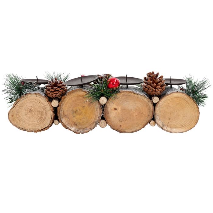 Adventsgesteck HWC-M14 mit Kerzenhalter, Adventskranz Weihnachtsgesteck Holz 12x41x12cm ~ ohne Kerzen