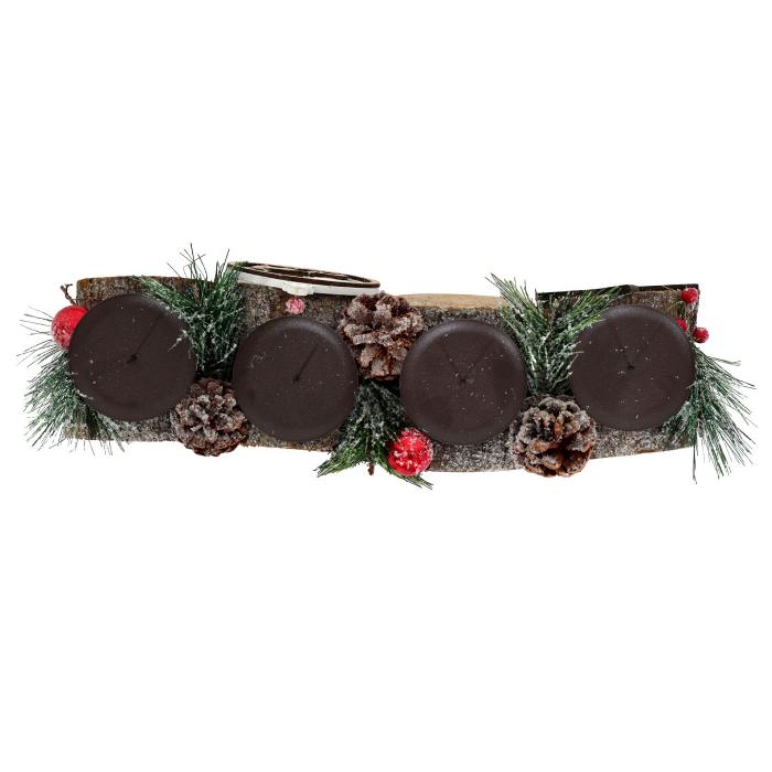 Adventsgesteck HWC-M14 mit Kerzenhalter, Adventskranz Weihnachtsgesteck Holz MVG 12x41x12cm ~ ohne Kerzen