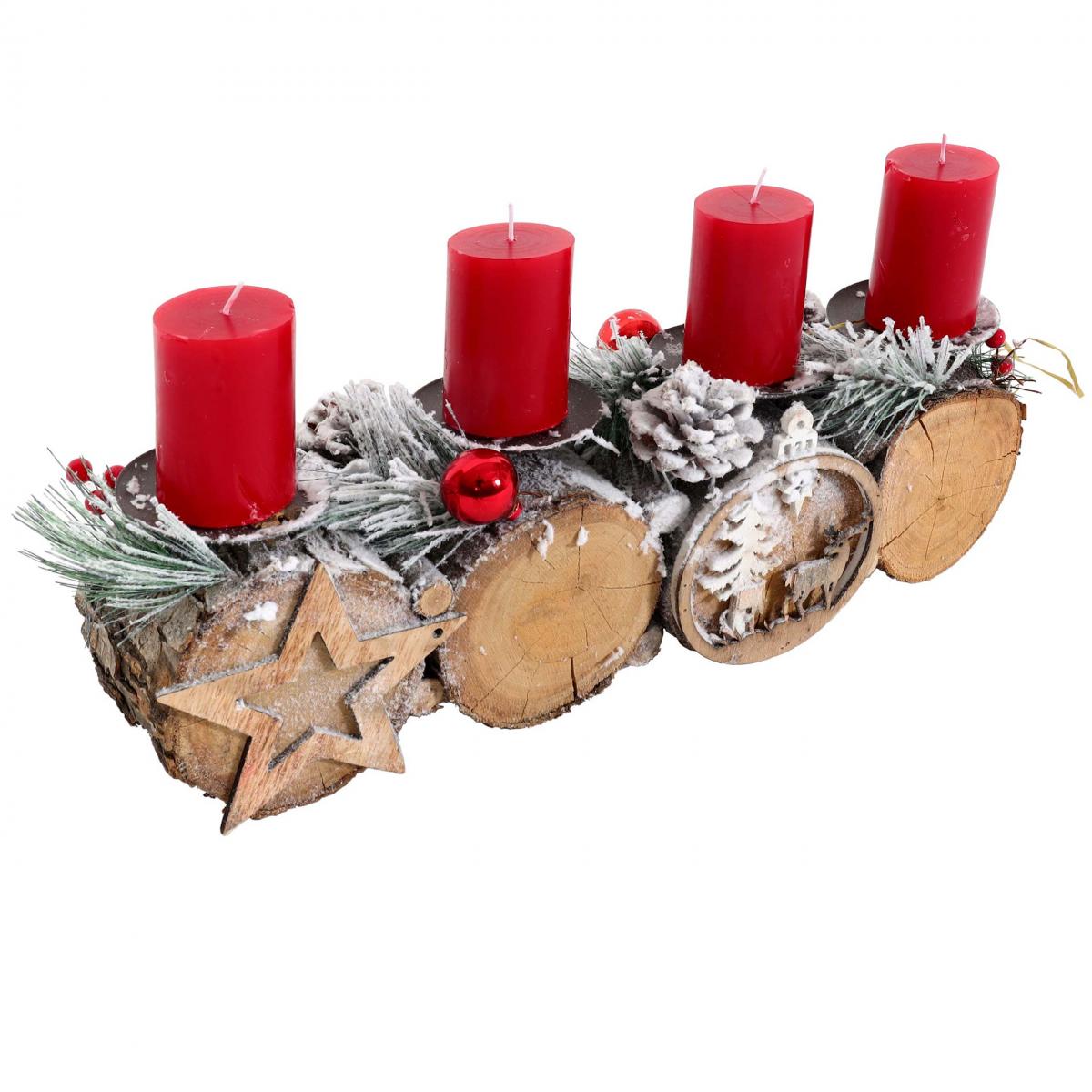 Adventsgesteck HWC-M14 mit Kerzenhalter, Adventskranz Weihnachtsgesteck Holz MVG 12x41x12cm ~ mit Kerzen