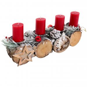 Adventsgesteck HWC-M14 mit Kerzenhalter, Adventskranz Weihnachtsgesteck Holz 12x41x12cm ~ mit Kerzen