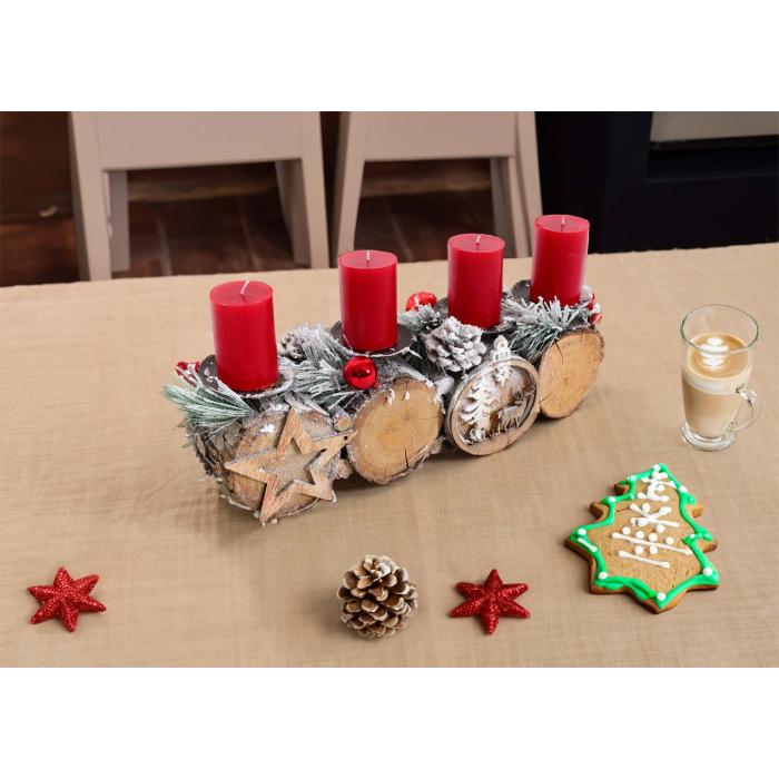 Adventsgesteck HWC-M14 mit Kerzenhalter, Adventskranz Weihnachtsgesteck Holz 12x41x12cm ~ mit Kerzen