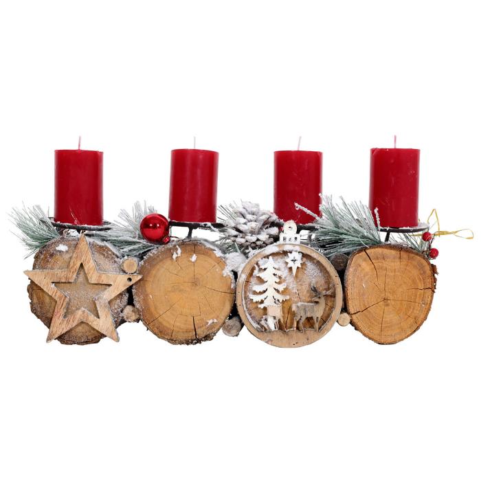 Adventsgesteck HWC-M14 mit Kerzenhalter, Adventskranz Weihnachtsgesteck Holz 12x41x12cm ~ mit Kerzen