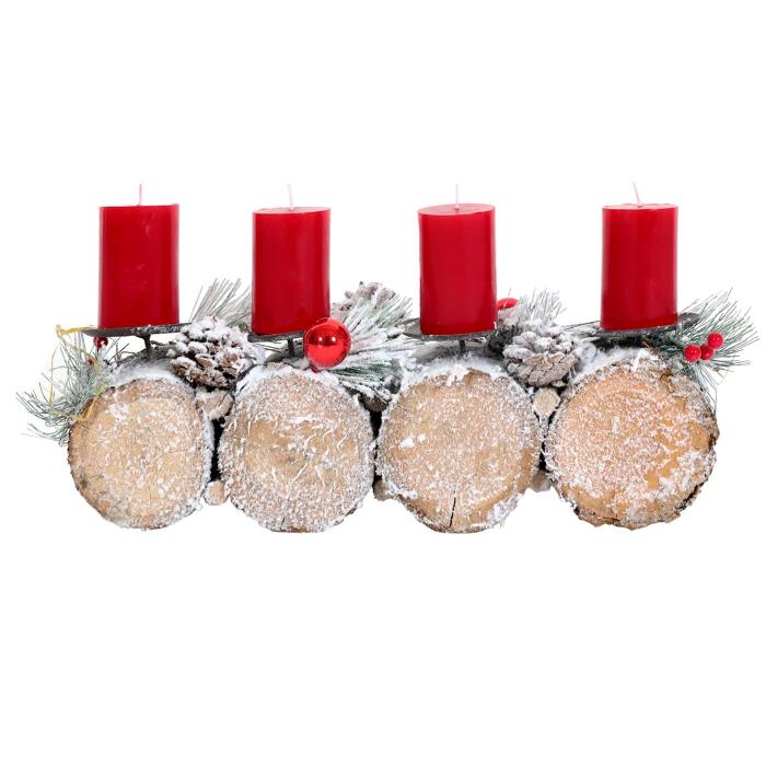 Adventsgesteck HWC-M14 mit Kerzenhalter, Adventskranz Weihnachtsgesteck Holz MVG 12x41x12cm ~ mit Kerzen