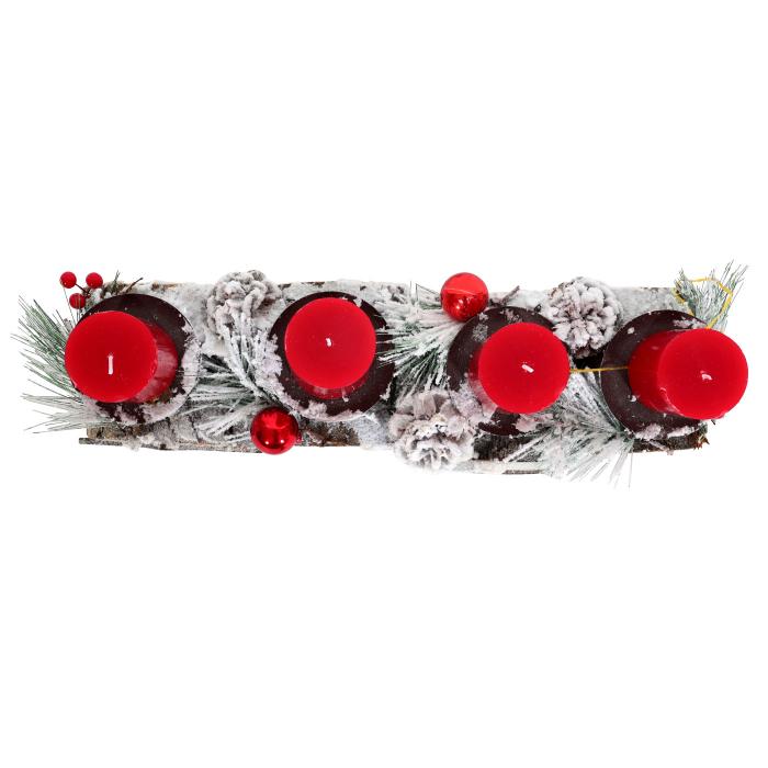 Adventsgesteck HWC-M14 mit Kerzenhalter, Adventskranz Weihnachtsgesteck Holz MVG 12x41x12cm ~ mit Kerzen