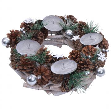 Adventskranz HWC-M15, Adventsgesteck Tischkranz Weihnachtsdeko Tischdeko, Holz MVG silber  32cm ~ ohne Kerzen
