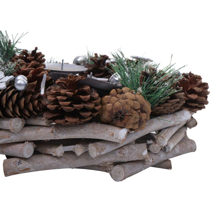 Adventskranz HWC-M15, Adventsgesteck Tischkranz Weihnachtsdeko Tischdeko, Holz MVG silber  32cm ~ ohne Kerzen