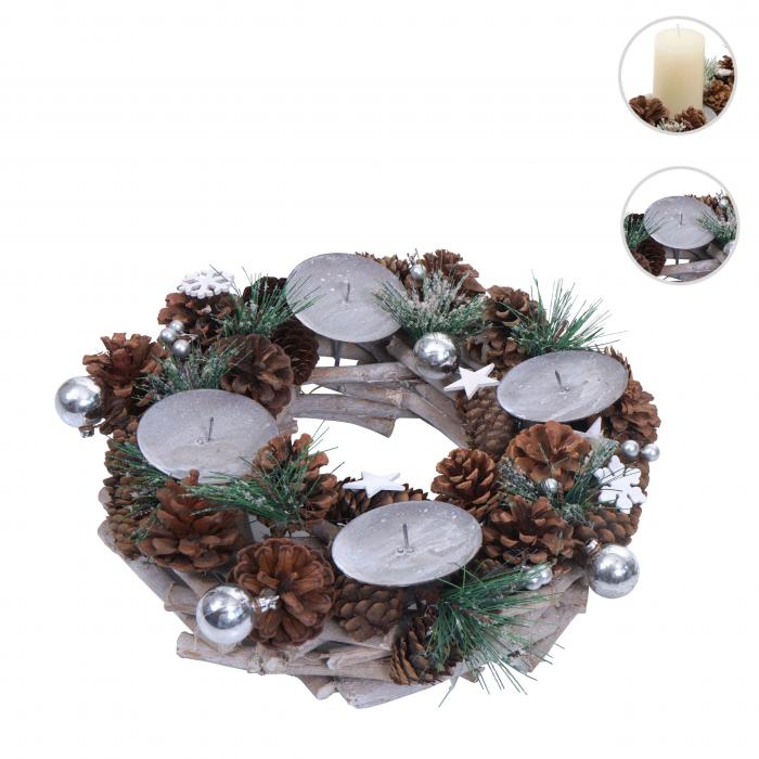 Adventskranz HWC-M15, Adventsgesteck Tischkranz Weihnachtsdeko Tischdeko, Holz MVG silber  32cm ~ ohne Kerzen