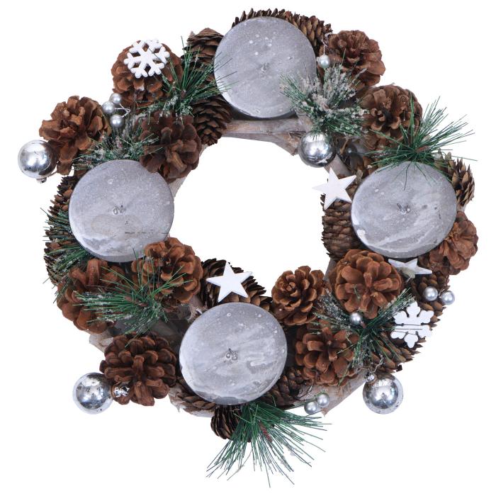 Adventskranz HWC-M15, Adventsgesteck Tischkranz Weihnachtsdeko Tischdeko, Holz MVG silber  32cm ~ ohne Kerzen