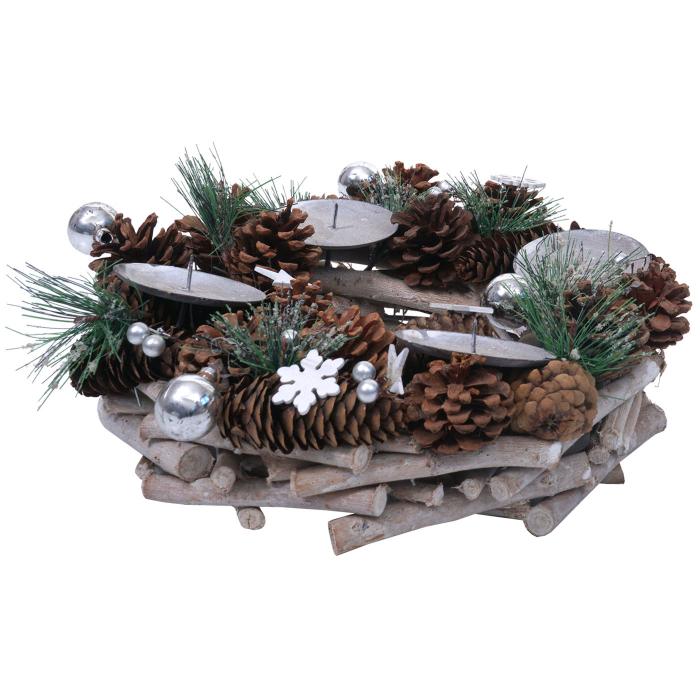 Adventskranz HWC-M15, Adventsgesteck Tischkranz Weihnachtsdeko Tischdeko, Holz MVG silber  32cm ~ ohne Kerzen