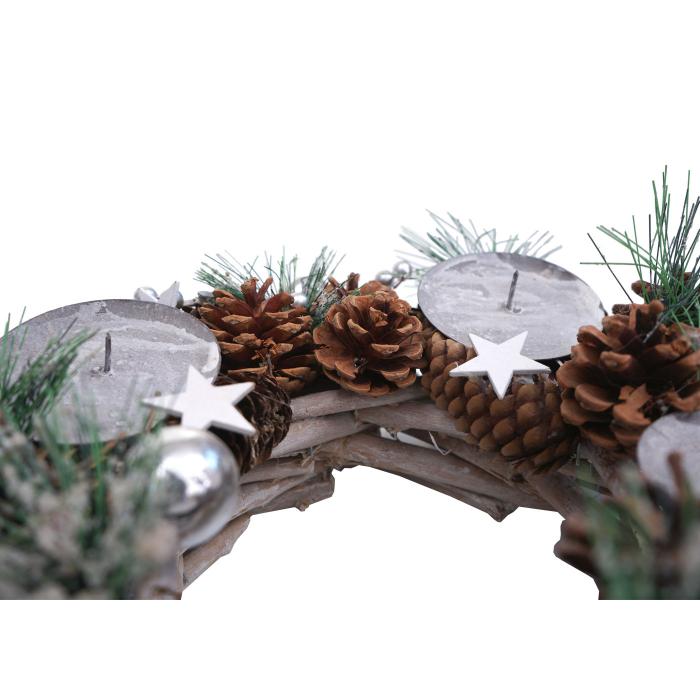 Adventskranz HWC-M15, Adventsgesteck Tischkranz Weihnachtsdeko Tischdeko, Holz MVG silber  32cm ~ ohne Kerzen