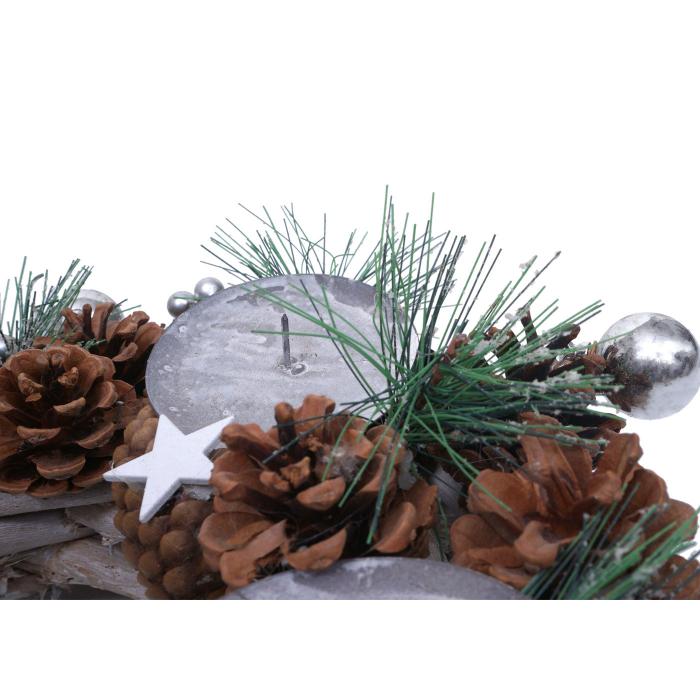 Adventskranz HWC-M15, Adventsgesteck Tischkranz Weihnachtsdeko Tischdeko, Holz MVG silber  32cm ~ ohne Kerzen