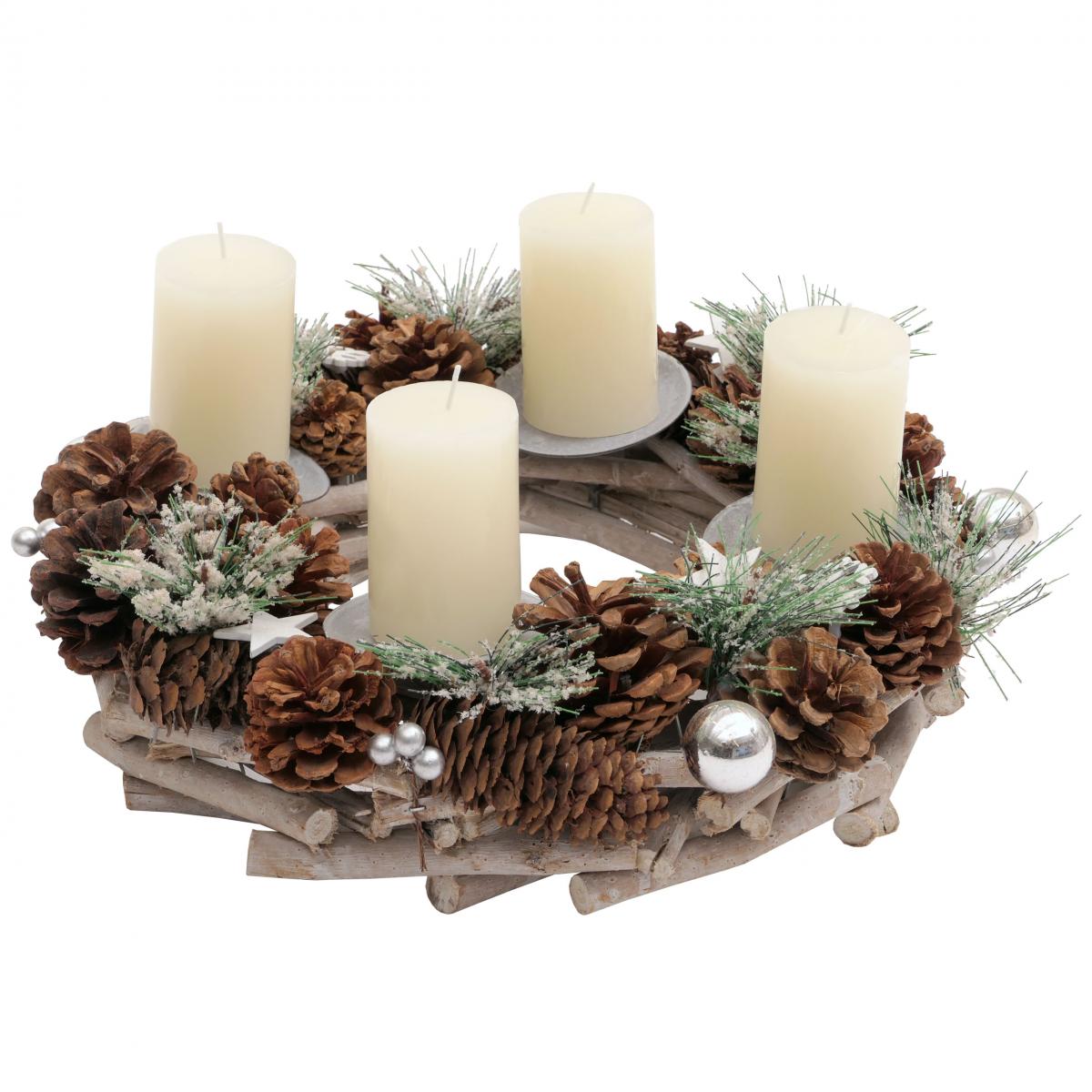 Adventskranz HWC-M15, Adventsgesteck Tischkranz Weihnachtsdeko Tischdeko, Holz MVG silber  32cm ~ mit Kerzen