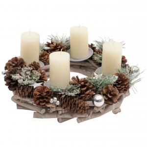 Adventskranz HWC-M15, Adventsgesteck Tischkranz Weihnachtsdeko Tischdeko, Holz MVG silber  32cm ~ mit Kerzen