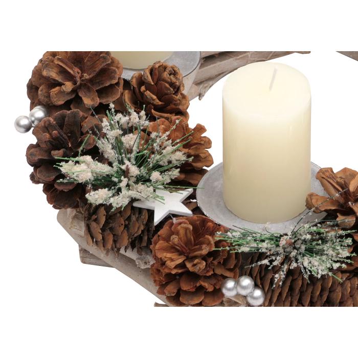 Adventskranz HWC-M15, Adventsgesteck Tischkranz Weihnachtsdeko Tischdeko, Holz MVG silber  32cm ~ mit Kerzen