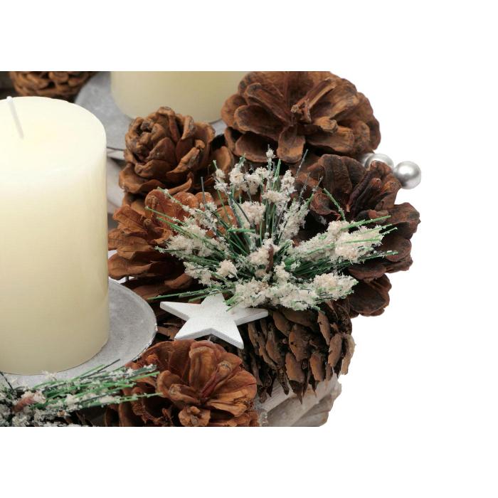 Adventskranz HWC-M15, Adventsgesteck Tischkranz Weihnachtsdeko Tischdeko, Holz MVG silber  32cm ~ mit Kerzen