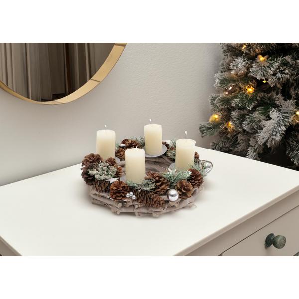 Adventskranz HWC-M15, Adventsgesteck Tischkranz Weihnachtsdeko Tischdeko, Holz MVG silber Ø 32cm ~ ohne Kerzen Adventskranz HWC-M15, Adventsgesteck Tischkranz Weihnachtsdeko Tischdeko, Holz MVG silber Ø 32cm ~ ohne Kerzen
