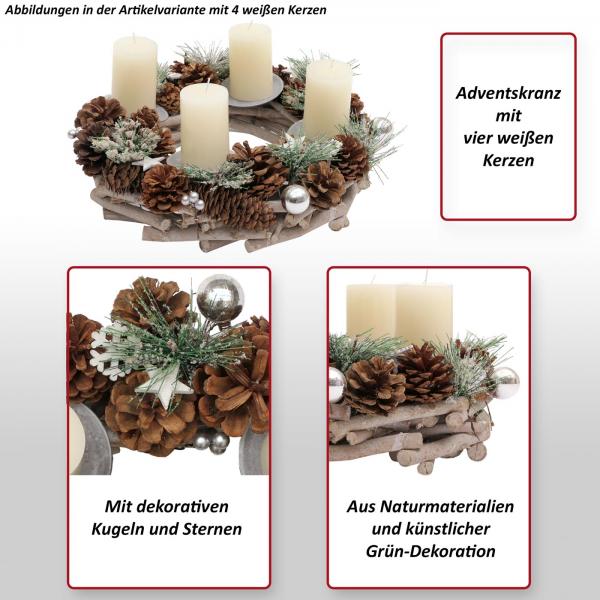 Adventskranz HWC-M15, Adventsgesteck Tischkranz Weihnachtsdeko Tischdeko, Holz MVG silber Ø 32cm ~ ohne Kerzen Adventskranz HWC-M15, Adventsgesteck Tischkranz Weihnachtsdeko Tischdeko, Holz MVG silber Ø 32cm ~ ohne Kerzen
