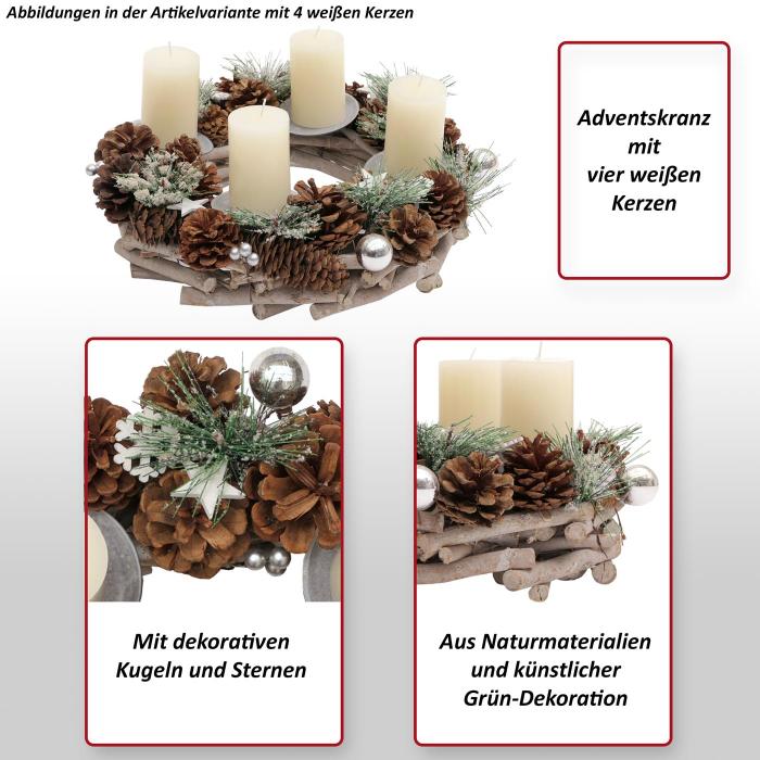 Adventskranz HWC-M15, Adventsgesteck Tischkranz Weihnachtsdeko Tischdeko, Holz MVG silber  32cm ~ ohne Kerzen