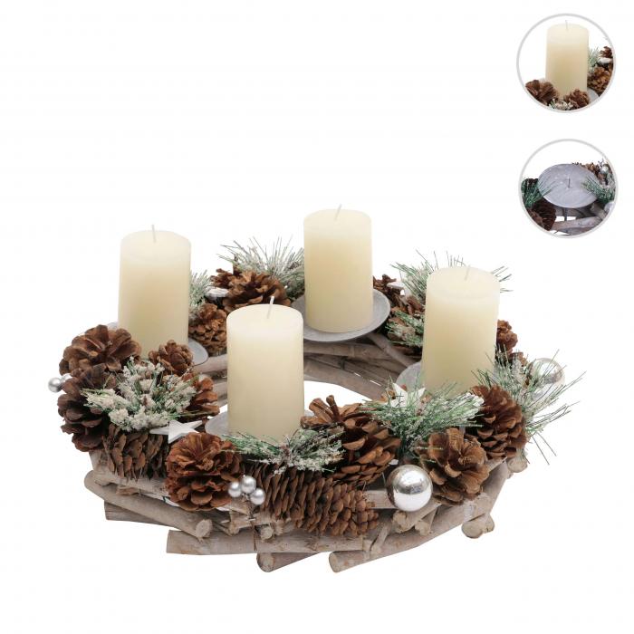 Adventskranz HWC-M15, Adventsgesteck Tischkranz Weihnachtsdeko Tischdeko, Holz MVG silber  32cm ~ mit Kerzen