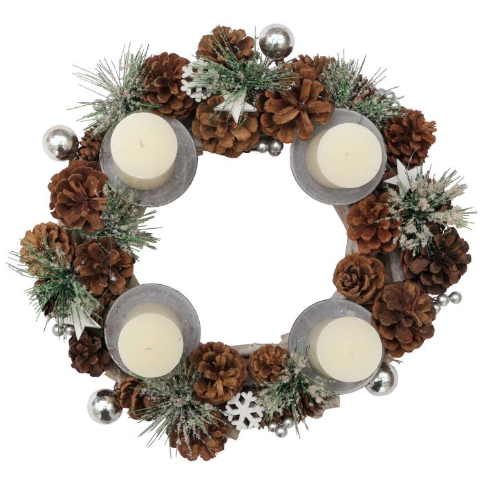 Adventskranz HWC-M15, Adventsgesteck Tischkranz Weihnachtsdeko Tischdeko, Holz MVG silber  32cm ~ mit Kerzen