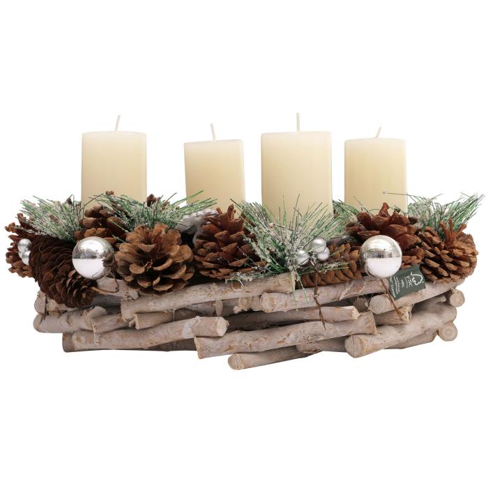 Adventskranz HWC-M15, Adventsgesteck Tischkranz Weihnachtsdeko Tischdeko, Holz MVG silber  32cm ~ mit Kerzen