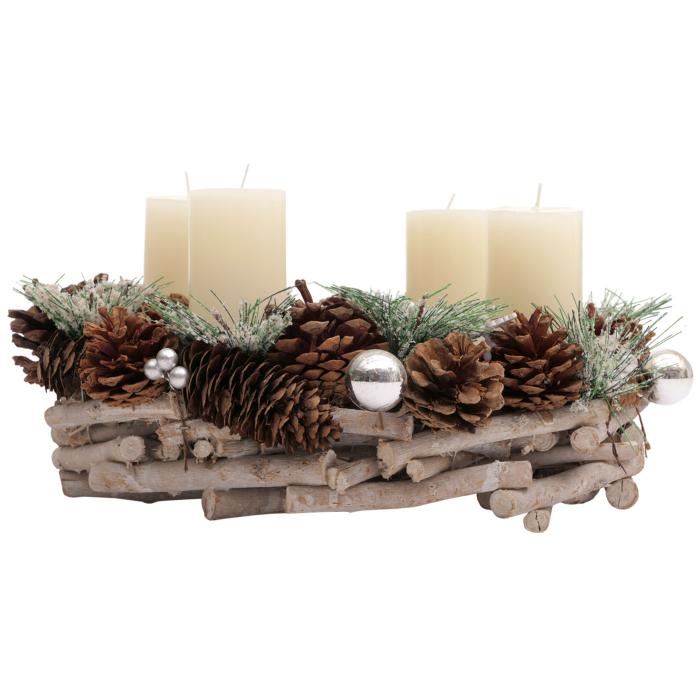 Adventskranz HWC-M15, Adventsgesteck Tischkranz Weihnachtsdeko Tischdeko, Holz MVG silber  32cm ~ mit Kerzen