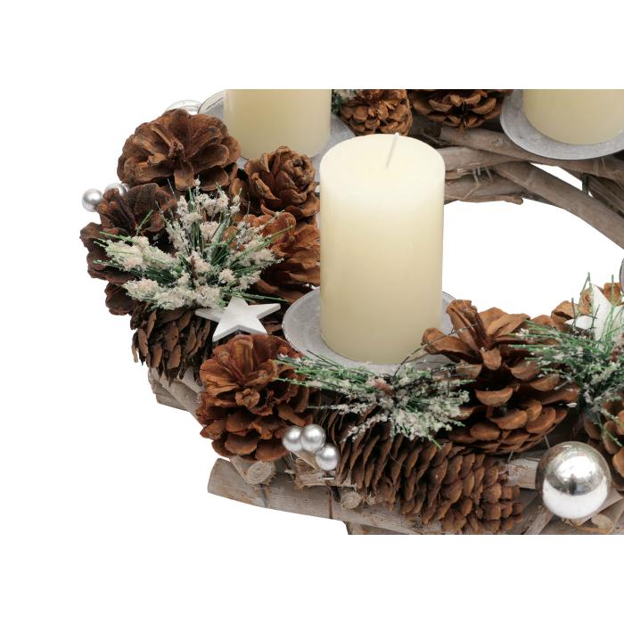 Adventskranz HWC-M15, Adventsgesteck Tischkranz Weihnachtsdeko Tischdeko, Holz MVG silber  32cm ~ mit Kerzen