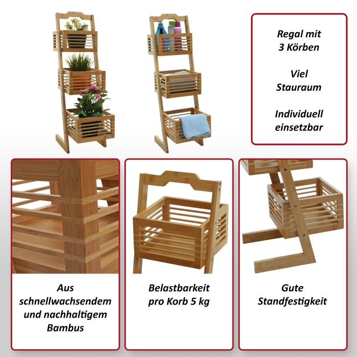 Regal HWC-M21, Standregal Badregal Ablageregal Wohnregal mit 3 Krben, Bambus 77x23x30cm