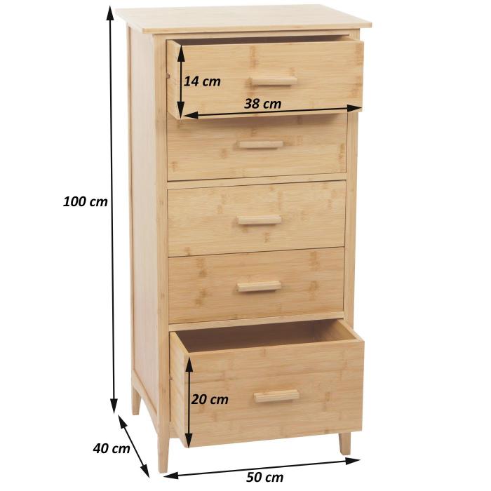 Bambus-Kommode HWC-M24, Badezimmerschrank Schrank Anrichte Badschrank Beistellschrank Regal, 5 Schubladen, 100x50x40cm